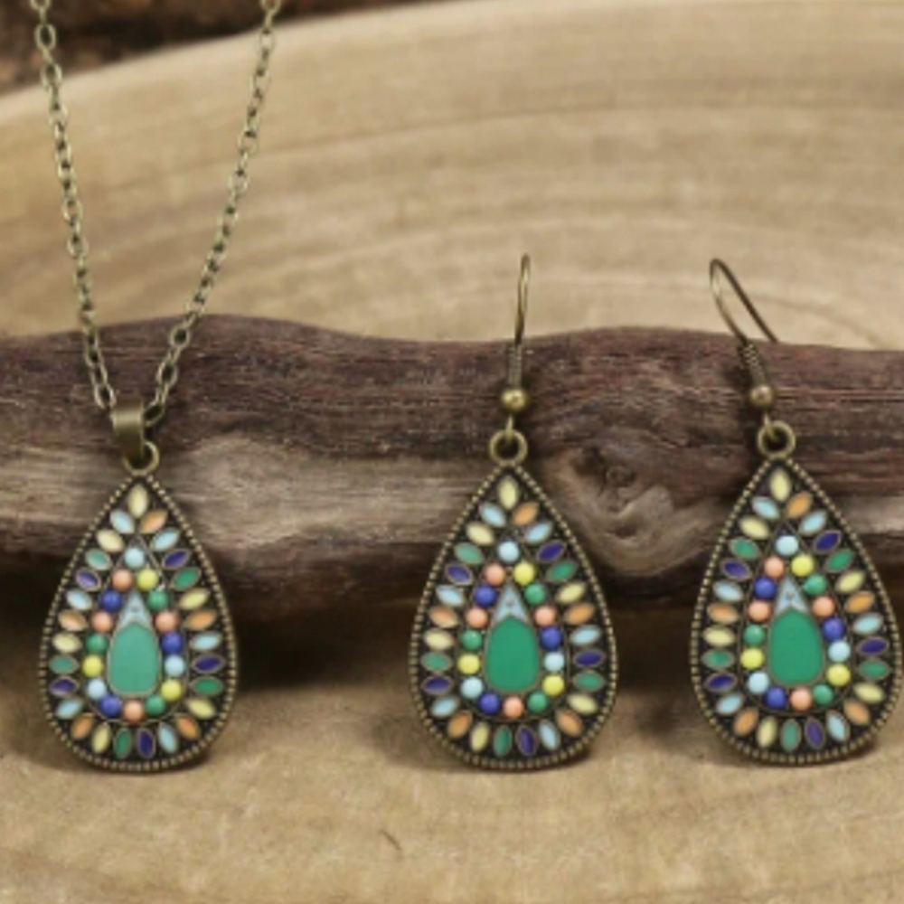 Beaded Bronzed Jewelry Set - Earrings Necklace 3pcs Set